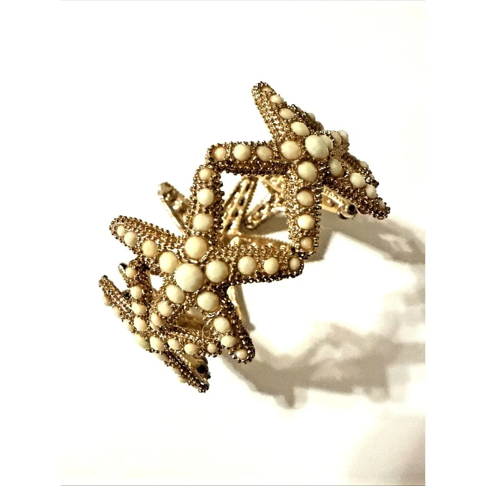 Starfish Bracelet White Rhinestone Gold Tone Beach Sea Life Statement Stretch